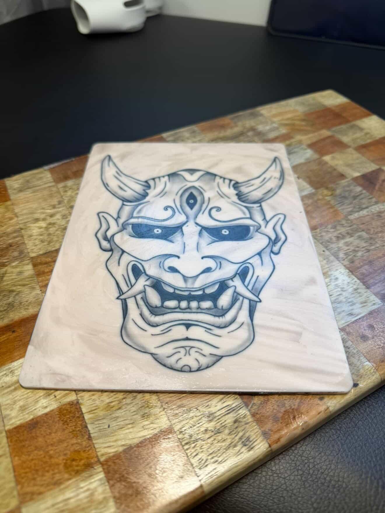 Hannya mask practice skin before cleaning